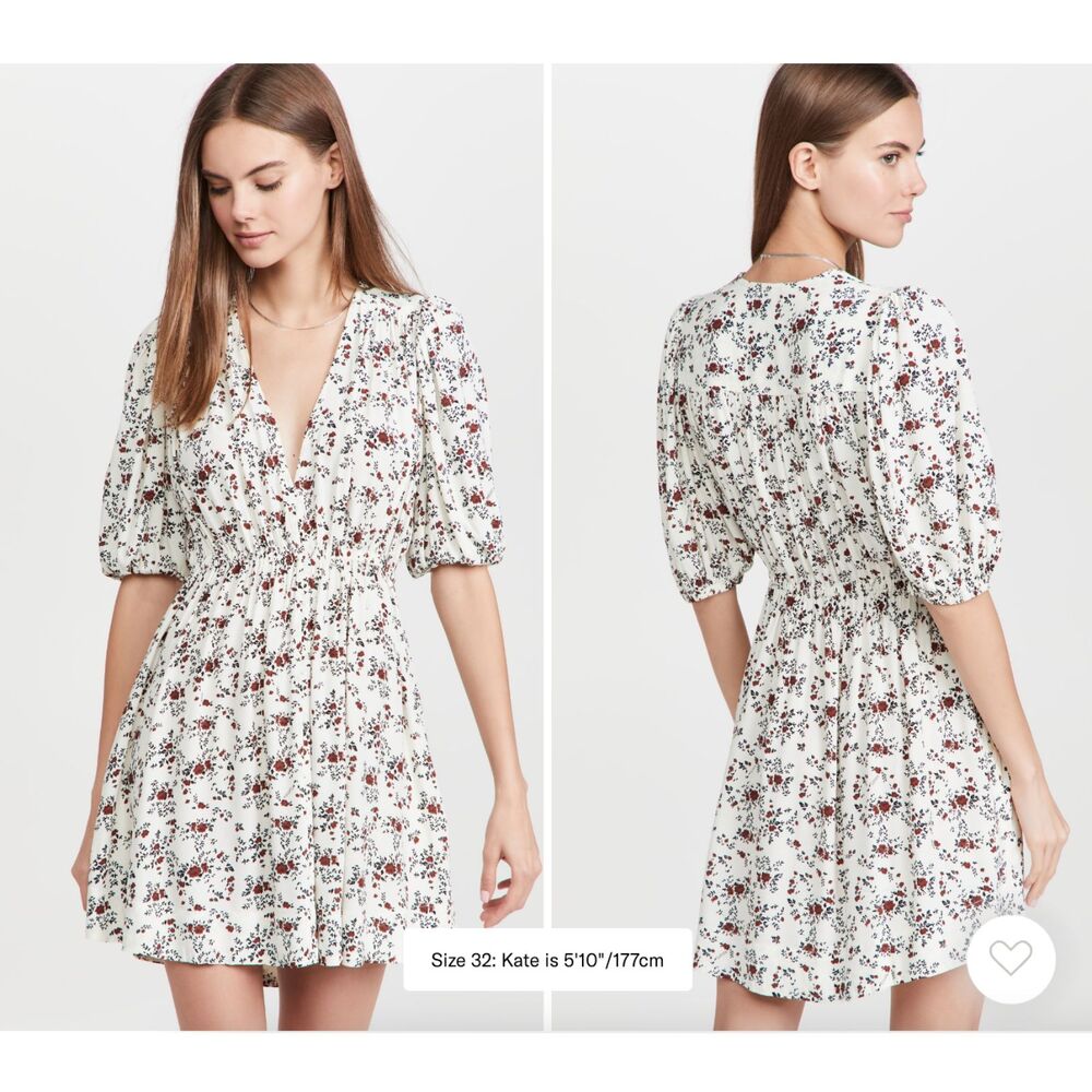 Womens Ganni Printed Crepe Mini Dress Floral White Brown Summer Spring Size 38